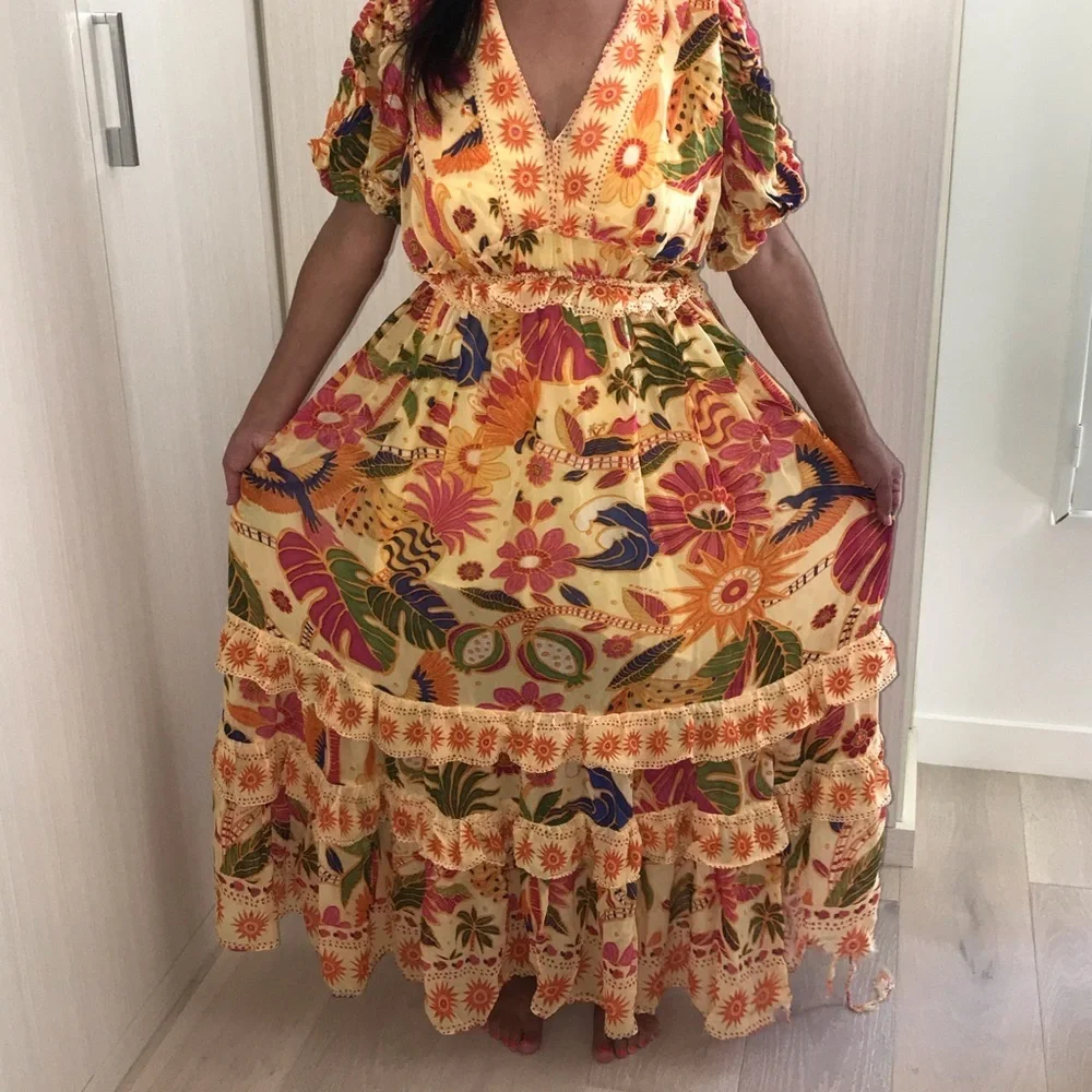 FARM Rio Yellow Rio Tapestry Maxi Dress sz small - Picture 6 of 12